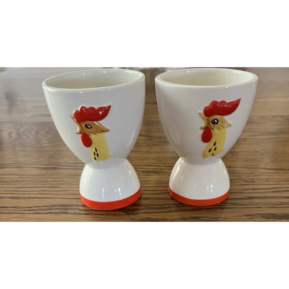 2 Holt Howard Rooster Ceramic Double Coddler Egg Cups Retro Kitchen Decor MCM